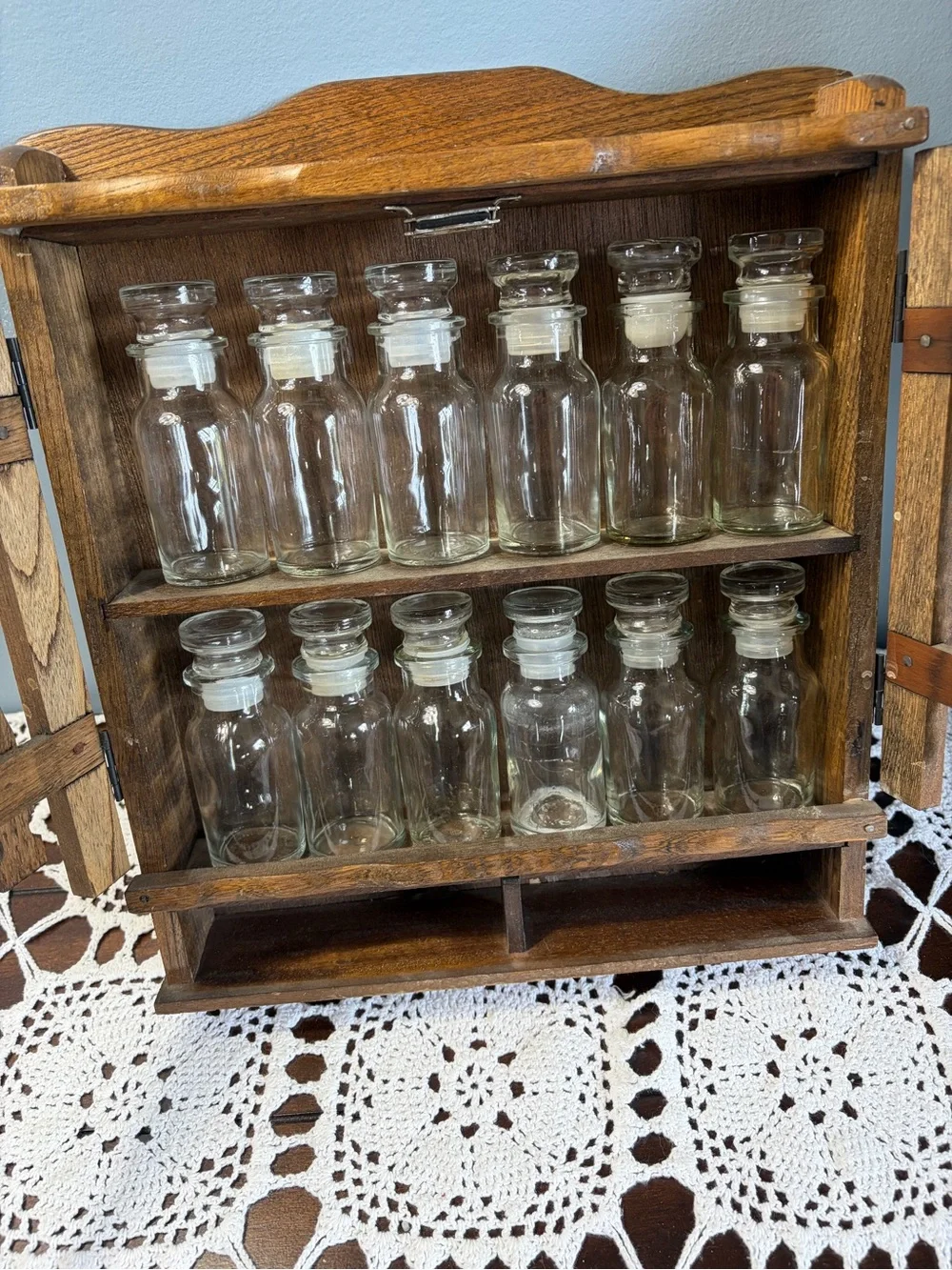 Vintage Wooden Kitchen Spice Rack Cabinet with Glass Jars/Lids